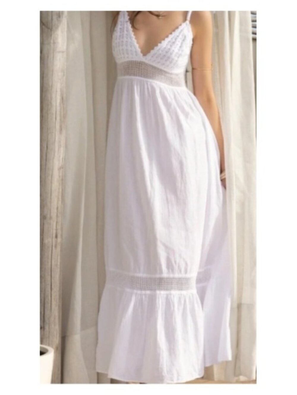Seaspice 100% Peruvian Cotton White Lace-Trim Midi Dress